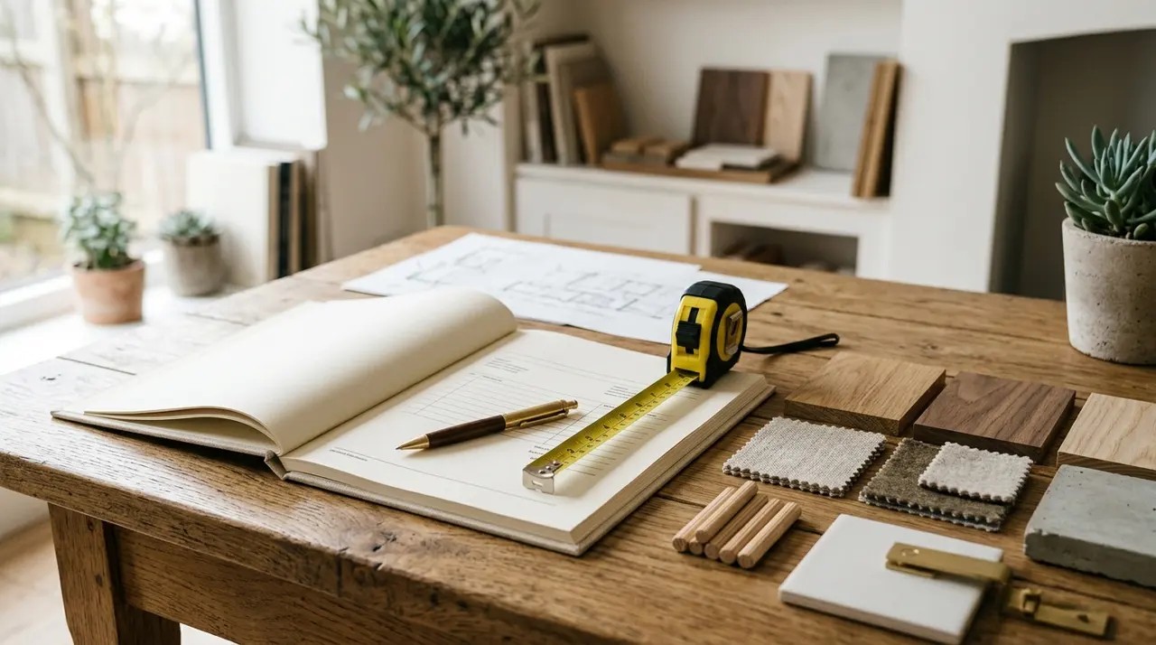 Devis d'aménagement intérieur posé sur une table avec mètre et échantillons de matériaux