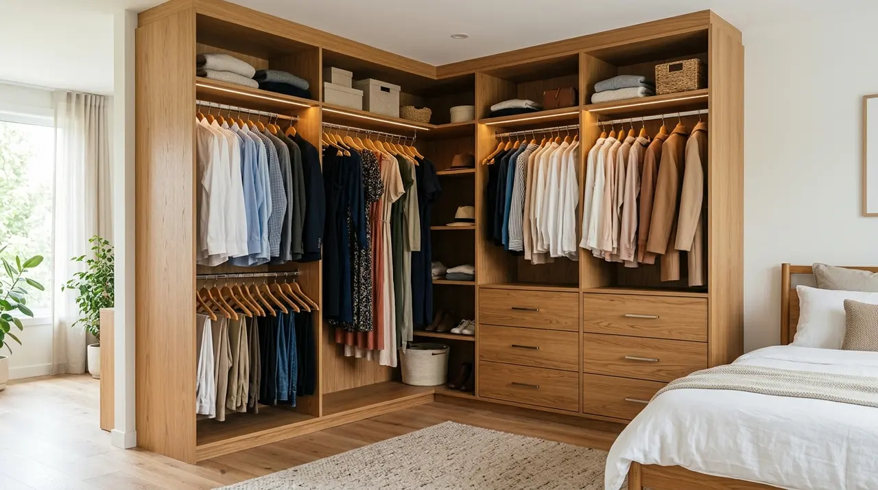 Dressing sur mesure en L avec penderies et tiroirs dans une chambre