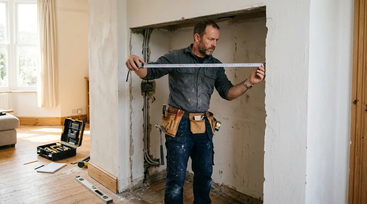 Artisan menuisier prenant les mesures d'une niche murale pour un placard