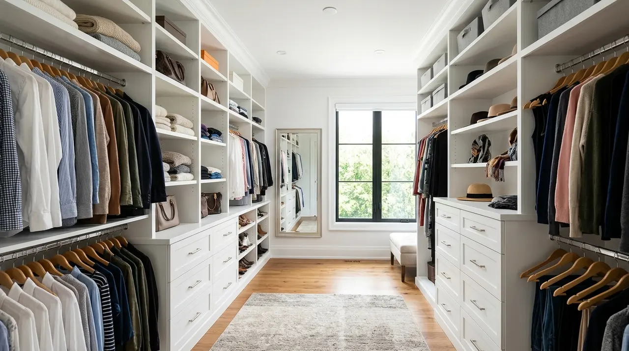 Dressing sur mesure blanc avec penderies et tiroirs dans une chambre