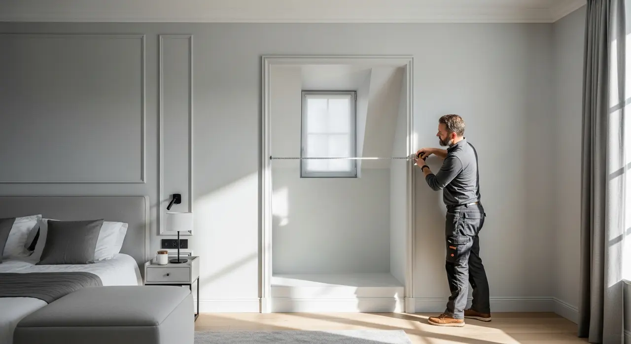 Menuisier mesurant une alcôve pour un placard sur mesure dans une chambre