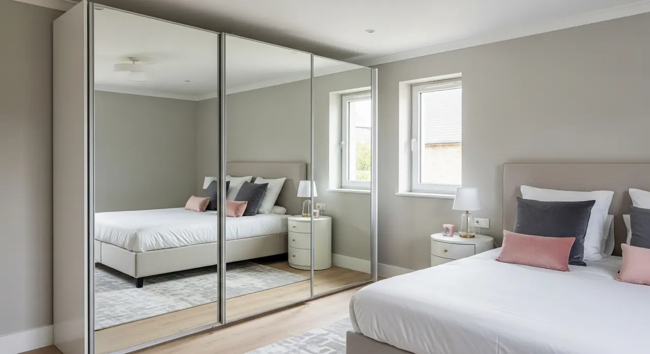 Placard sur mesure avec portes coulissantes miroir dans une chambre moderne