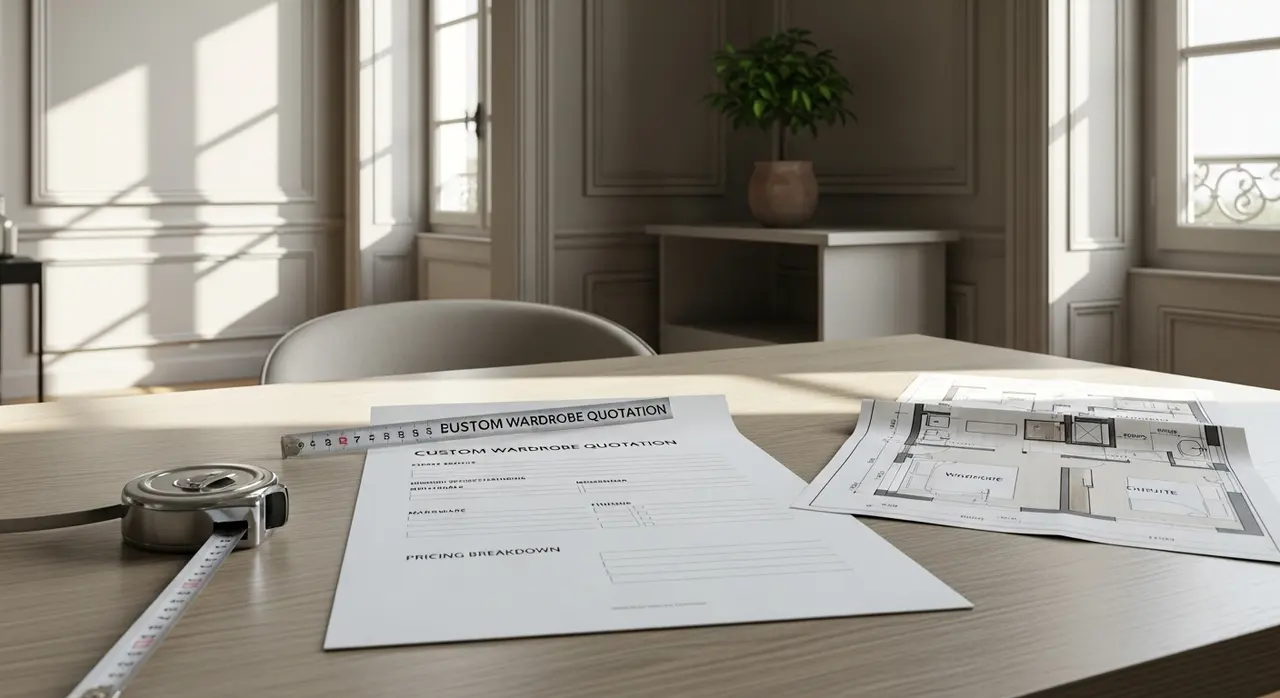 Devis placard sur mesure posé sur un bureau avec mètre ruban et plan