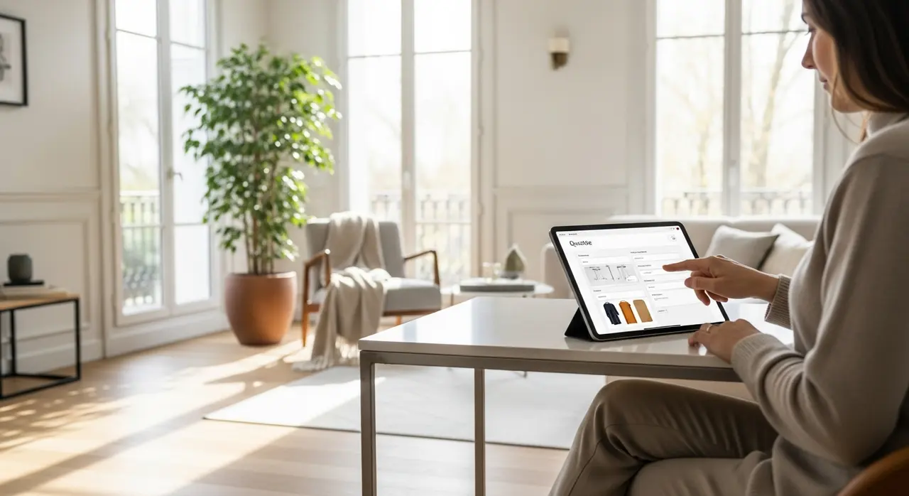 Personne remplissant un formulaire de devis en ligne pour un placard sur mesure sur une tablette