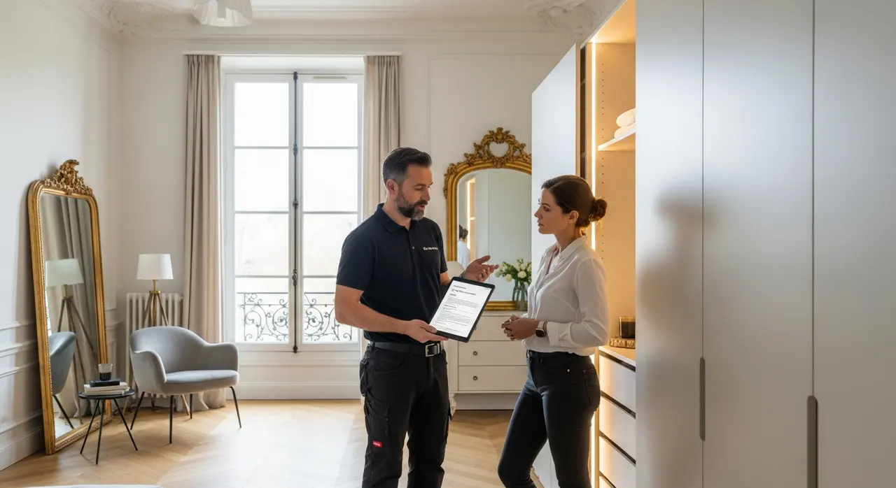 Artisan menuisier présentant un devis de placard sur mesure à un client dans une chambre