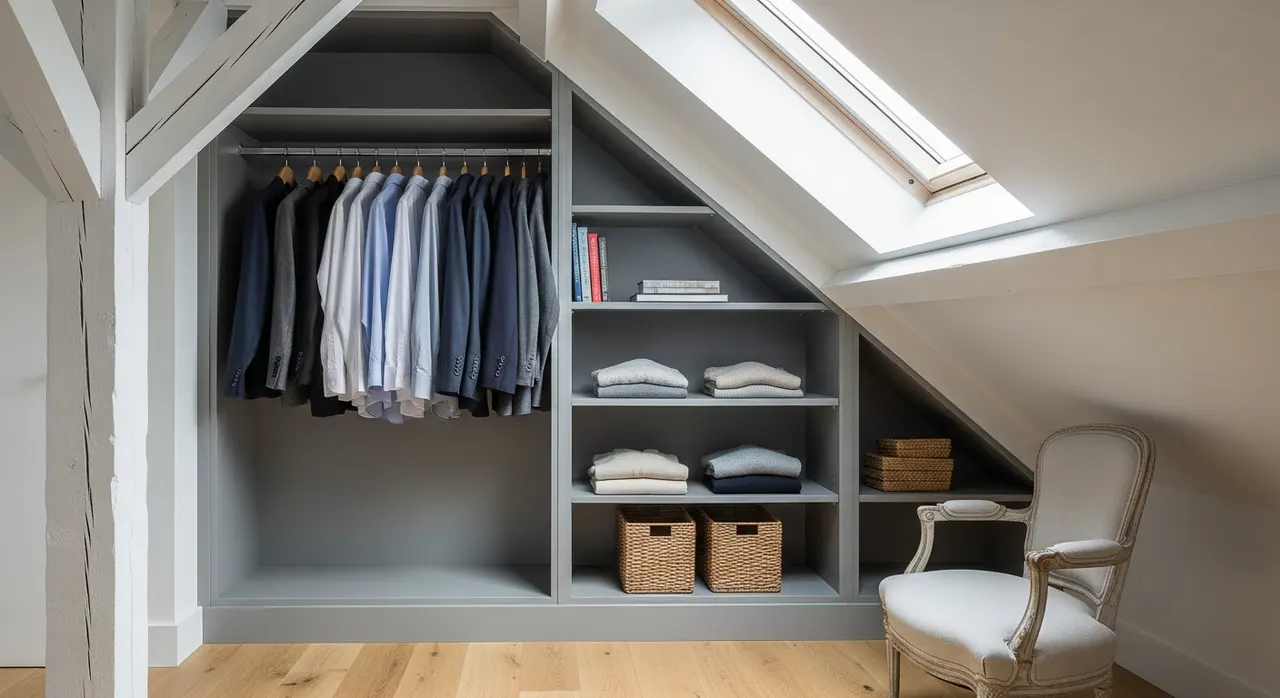 Dressing sous pente aménagé avec des rangements sur mesure dans un grenier
