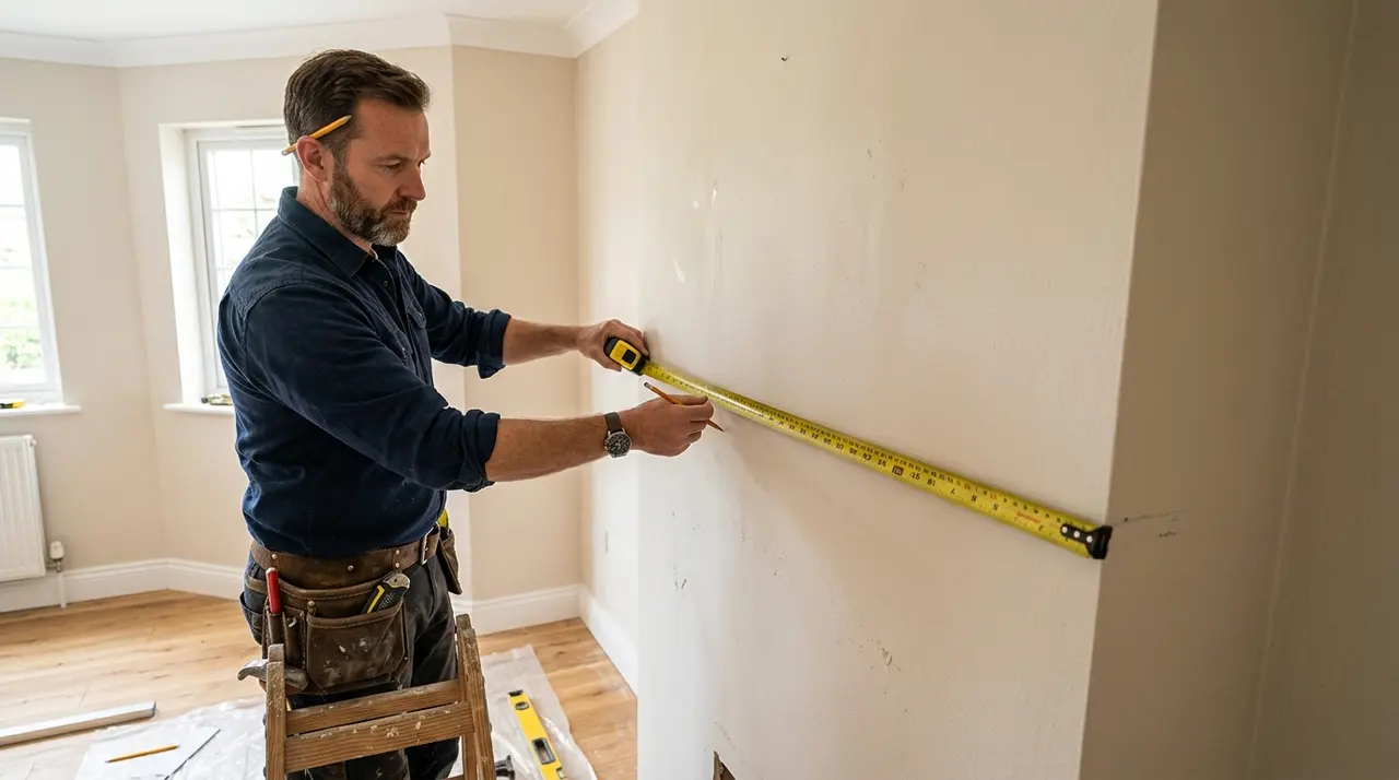 Artisan menuisier qui mesure un mur de chambre avant pose d'un placard sur mesure