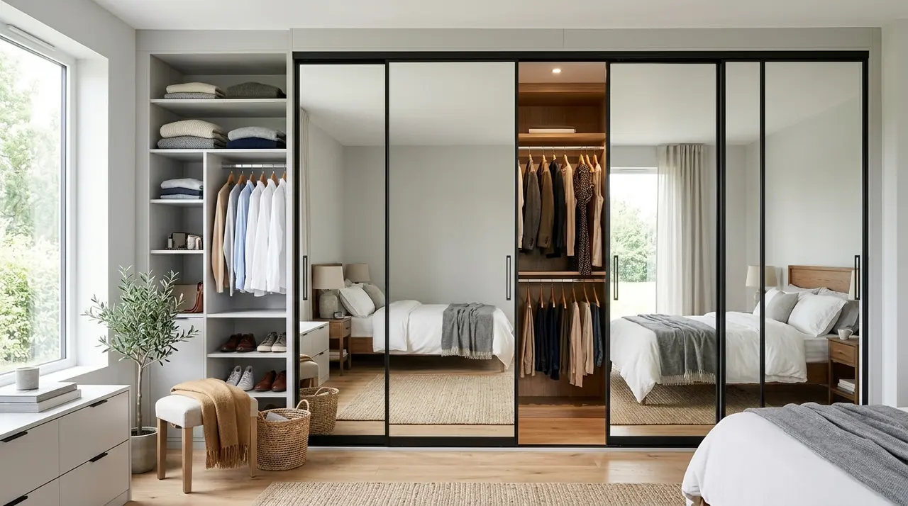 Dressing sur mesure moderne avec portes coulissantes miroir dans une grande chambre