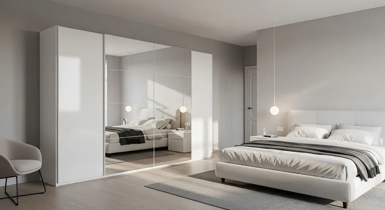 Dressing modulable blanc avec portes coulissantes miroir dans une chambre moderne