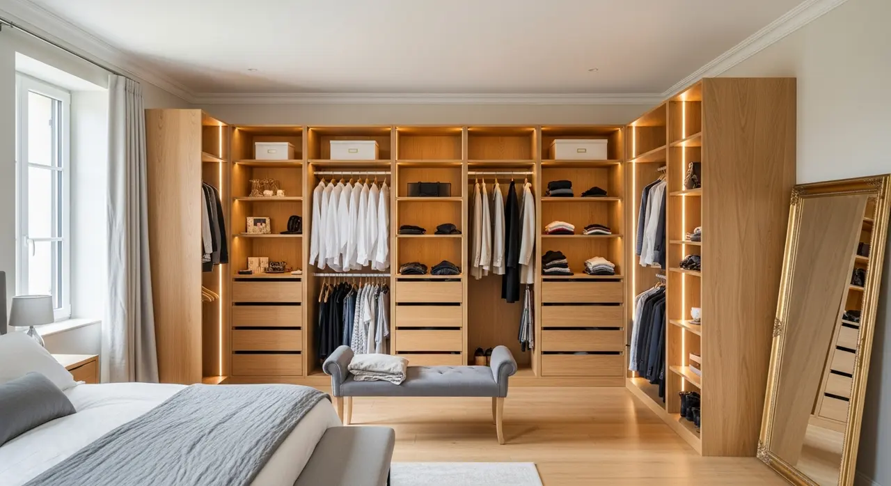 Dressing sur mesure en bois chêne avec éclairage LED intégré dans une chambre parentale