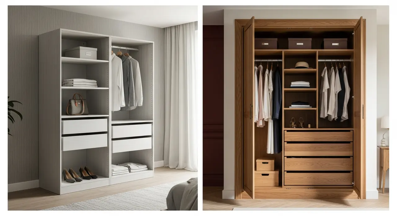 Comparaison côte à côte d'un dressing modulable IKEA et d'un dressing sur mesure en bois massif