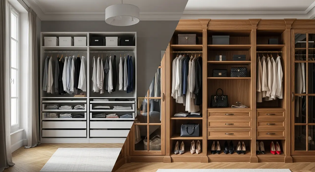 Comparaison côte à côte d'un dressing IKEA PAX et d'un dressing artisanal en bois massif