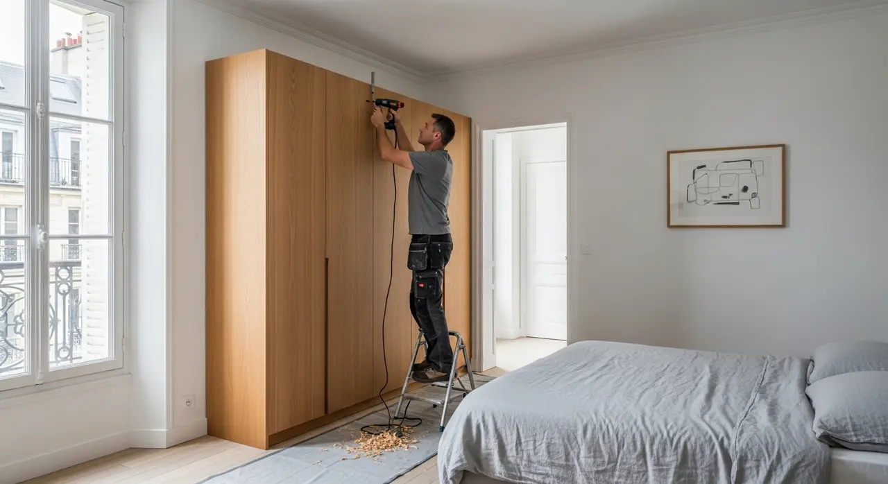 Artisan menuisier en train de poser un dressing sur mesure en bois dans une chambre lumineuse