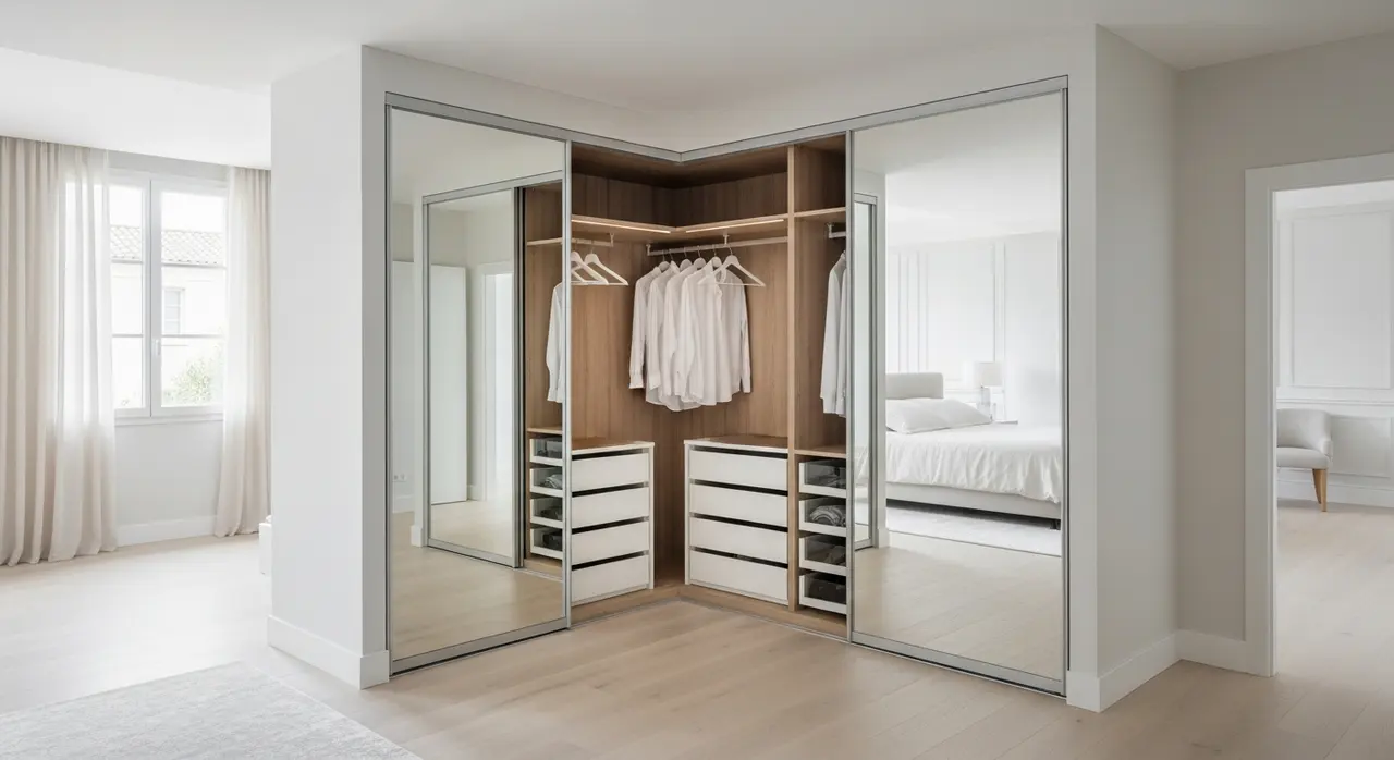 Dressing en L avec portes coulissantes miroir dans une chambre parentale moderne