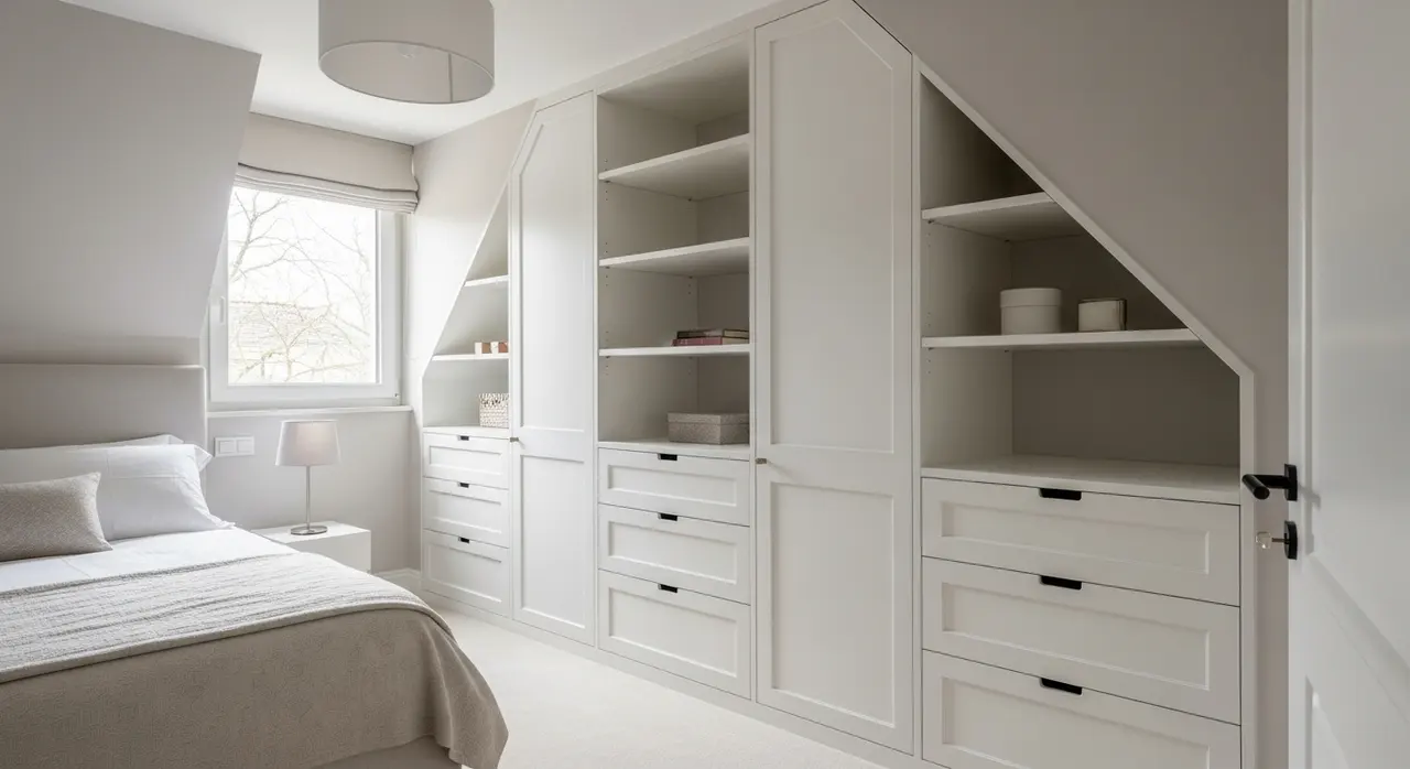 Dressing sur mesure encastré dans une petite chambre aux murs en biais avec étagères et tiroirs en bois blanc