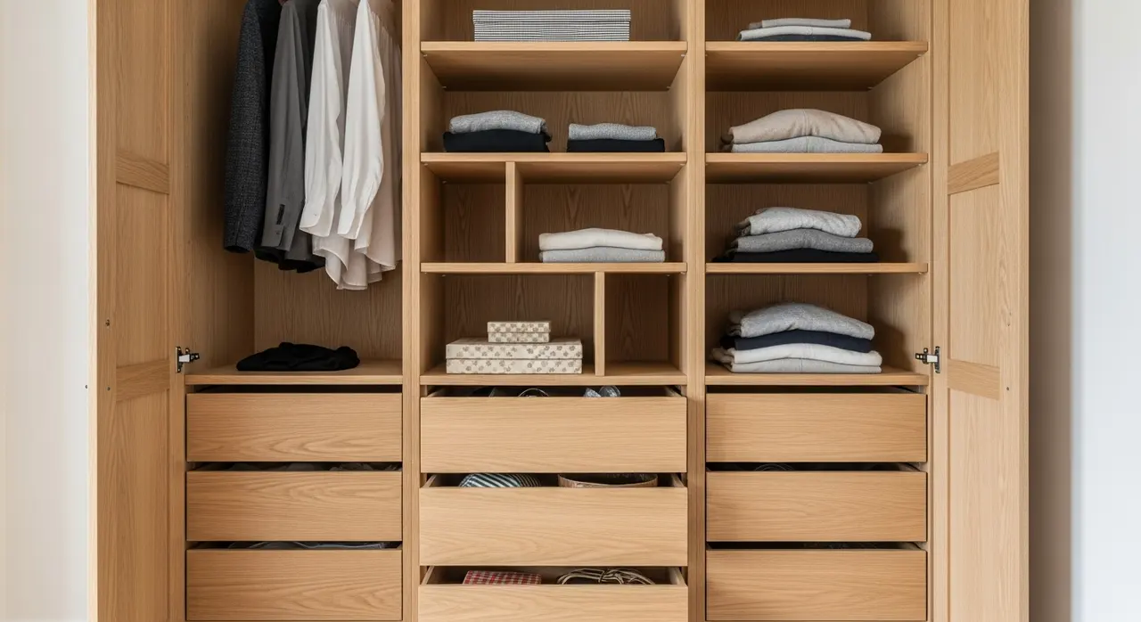 Vue intérieure d'un dressing sur mesure bien organisé dans une petite chambre avec tiroirs, étagères et espace penderie