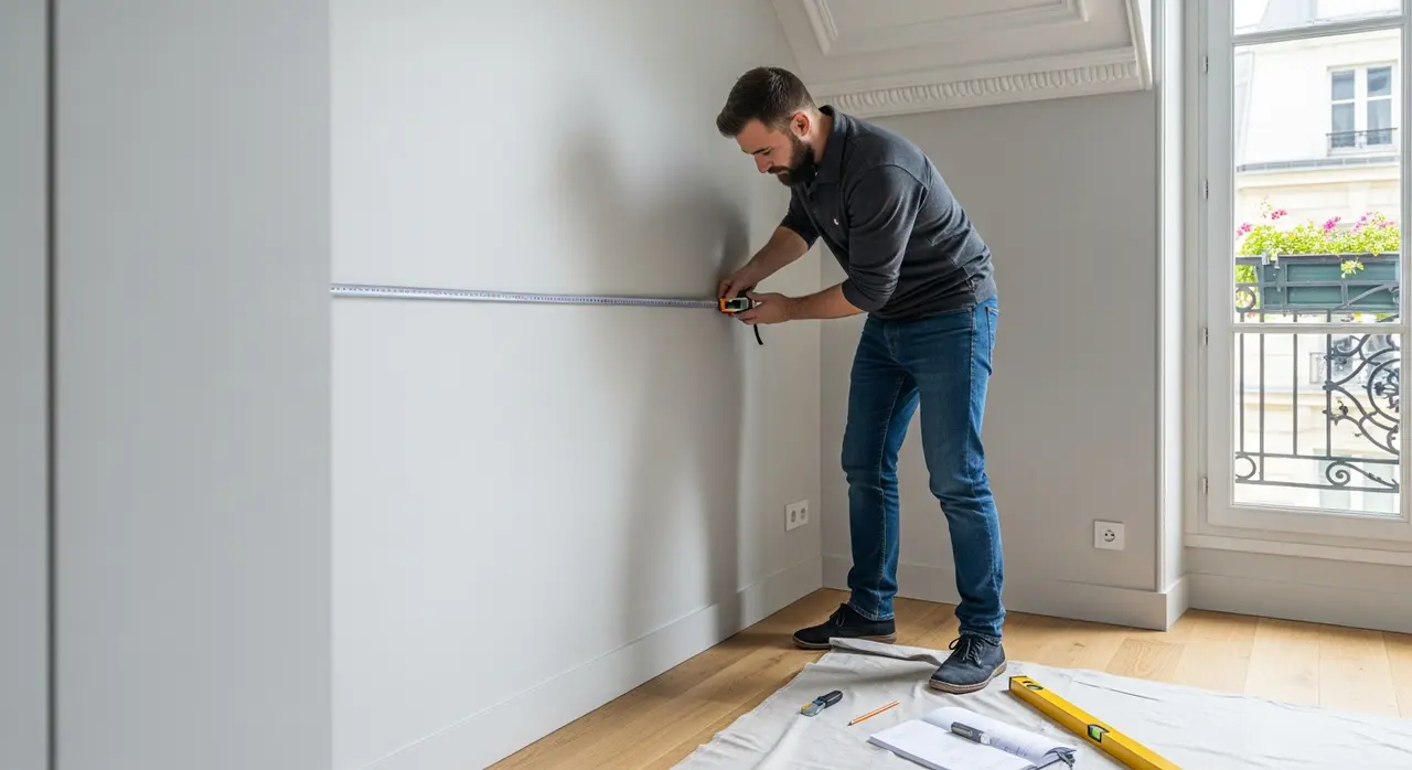 Artisan menuisier mesurant une petite chambre avant l'installation d'un dressing sur mesure