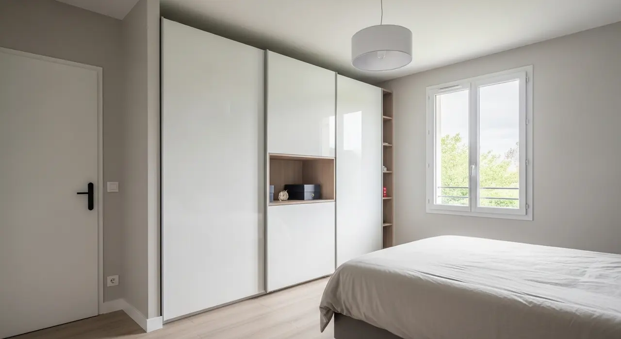 Petit dressing linéaire sur mesure dans une chambre de 10m², avec portes coulissantes blanches et rangements intégrés
