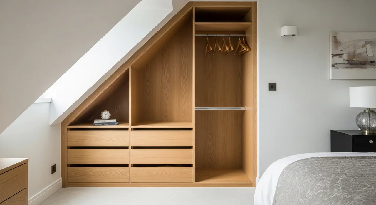 Dressing sur mesure sous pente dans une chambre mansardée, avec tiroirs bas et penderie intégrée, finition chêne clair
