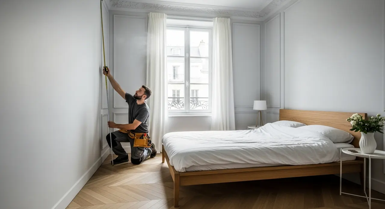 Artisan menuisier prenant les mesures d'une petite chambre pour installer un dressing sur mesure