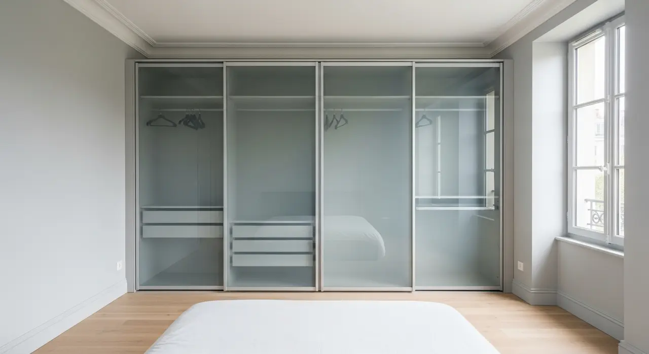 Dressing sur mesure avec portes coulissantes en verre dépoli dans une chambre moderne