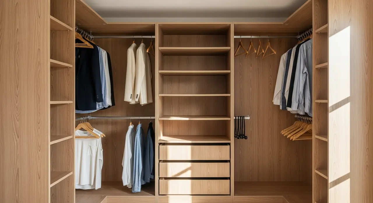 Intérieur d'un dressing sur mesure avec tiroirs, barres de penderie et étagères en bois naturel