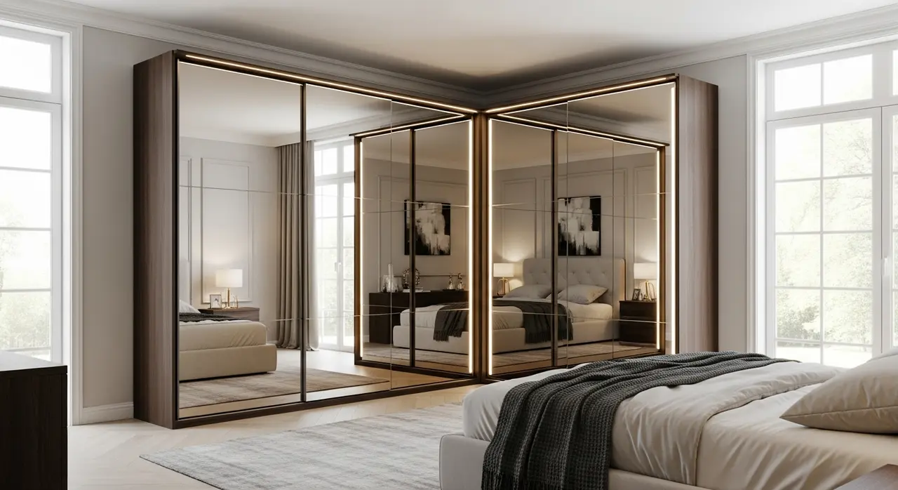 Vue d'ensemble d'un dressing en L avec portes coulissantes miroir et éclairage LED intégré