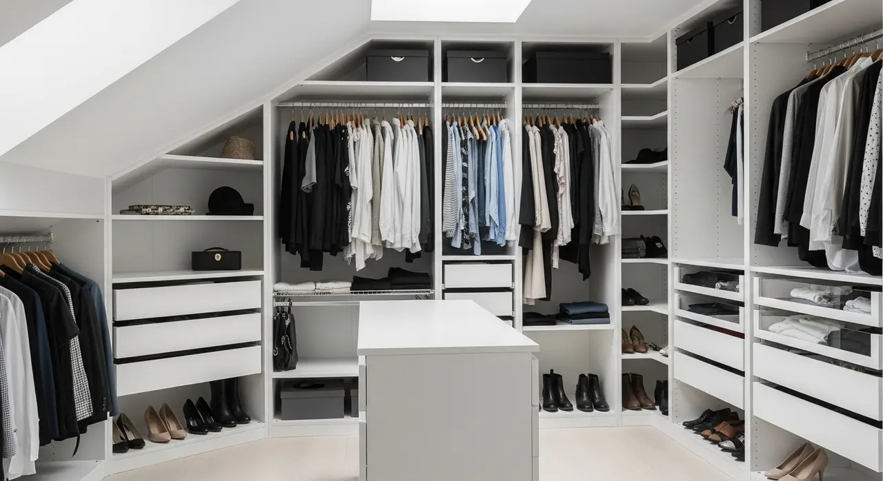 Dressing sur mesure dans des combles avec pente de toit, rangements à différentes hauteurs