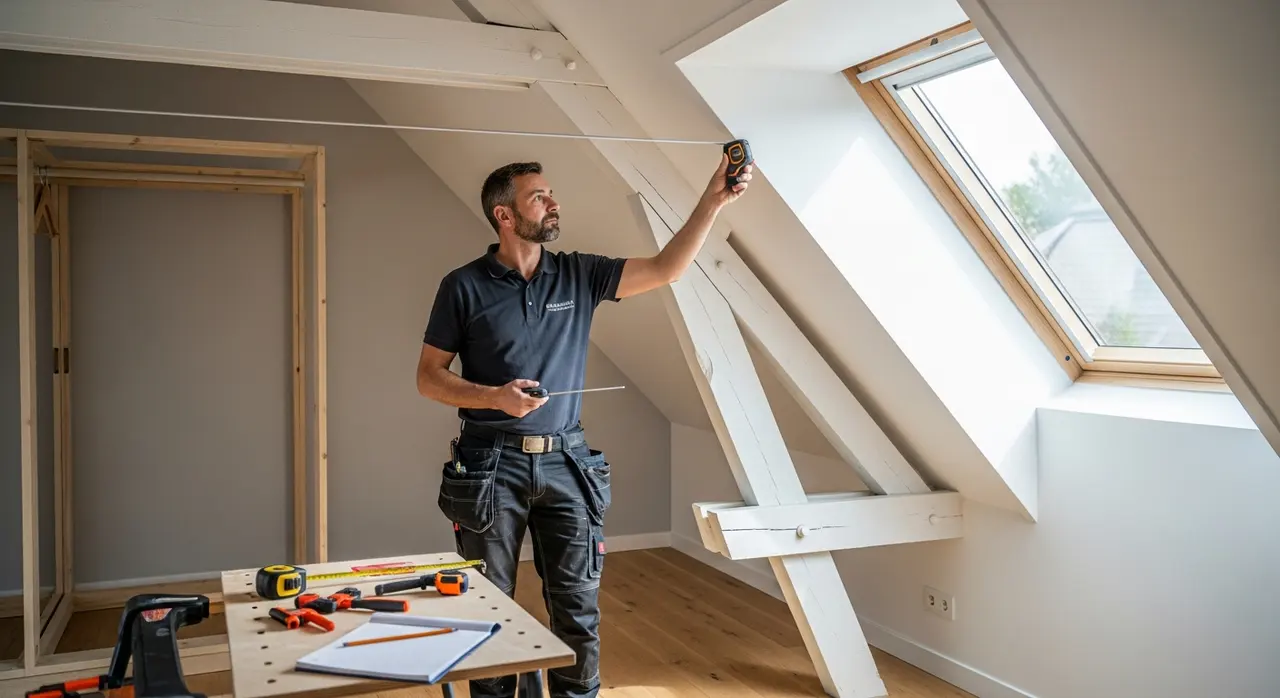 Artisan menuisier prenant des mesures dans des combles mansardés pour un dressing sur mesure