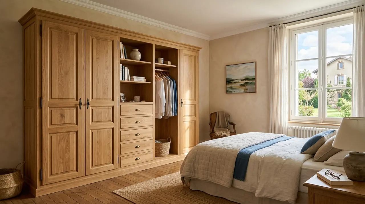 Placard en bois massif sur mesure dans une chambre de pavillon en Essonne