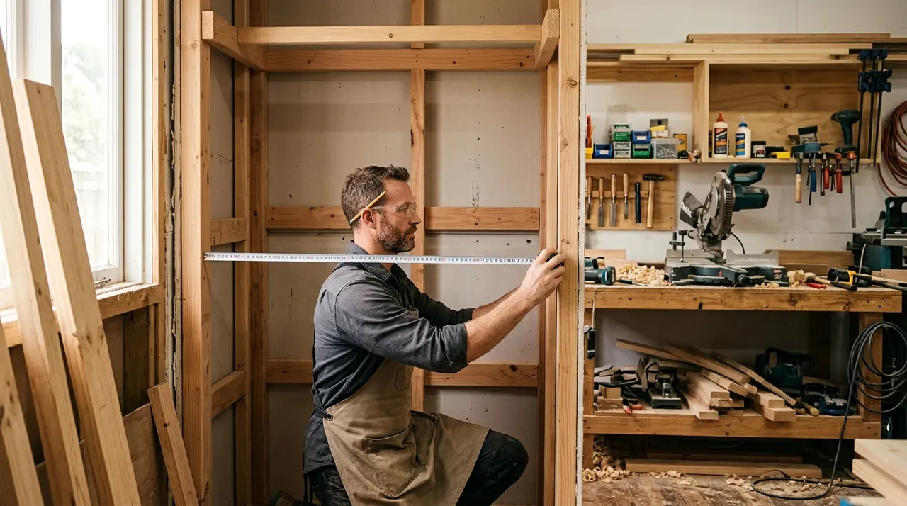 Artisan menuisier mesurant une niche murale pour un placard sur mesure
