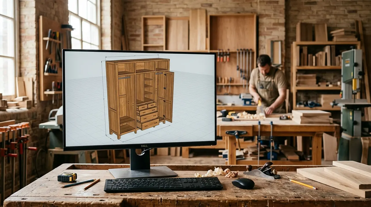 Plan 3D d'un dressing en bois sur écran d'ordinateur dans un atelier de menuiserie