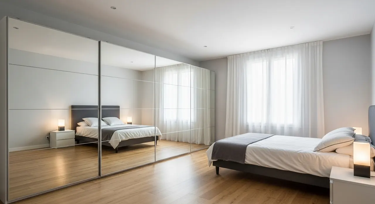 Dressing sur mesure moderne avec portes coulissantes miroir dans une grande chambre lumineuse