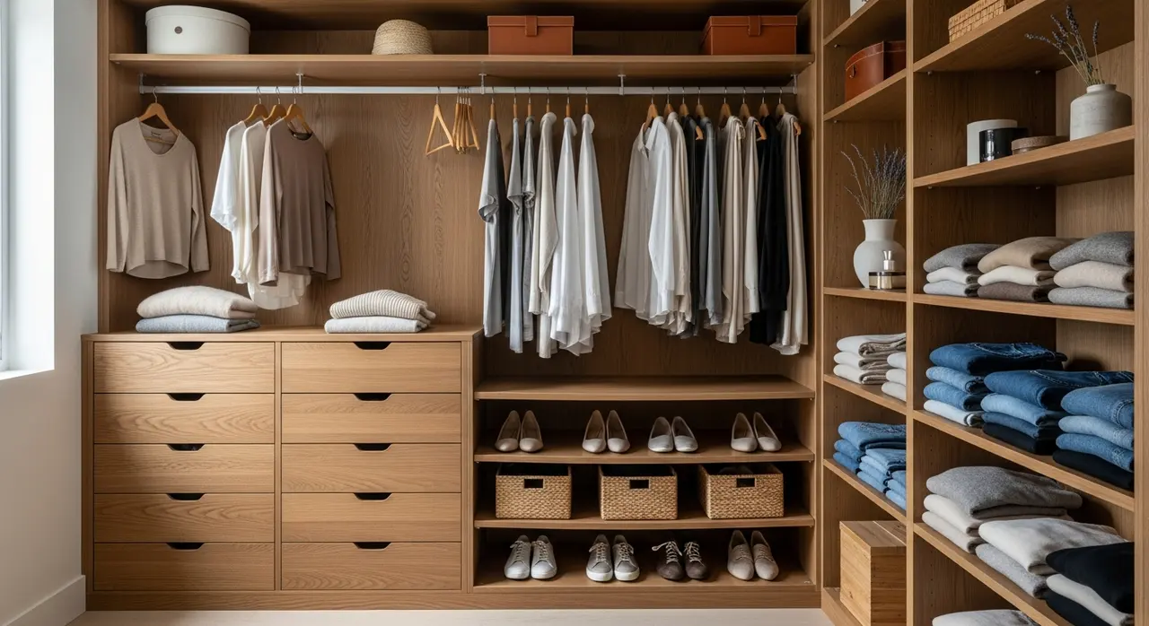 Intérieur d'un placard sur mesure bien organisé avec tiroirs, penderies et étagères en bois