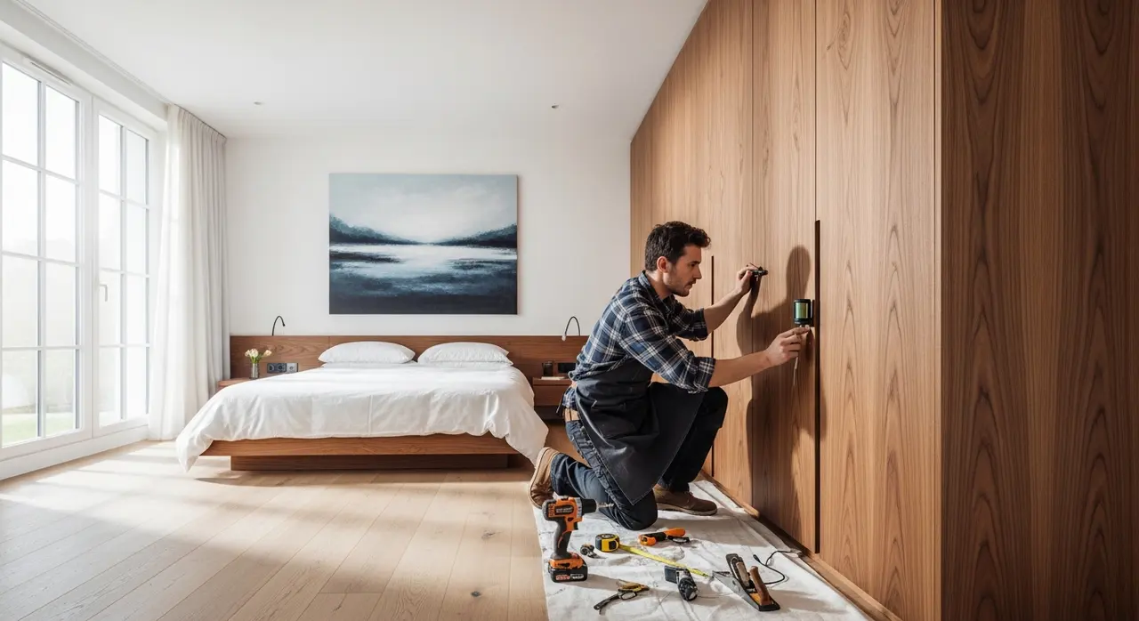Menuisier artisan en train de poser un placard sur mesure en bois dans une chambre moderne