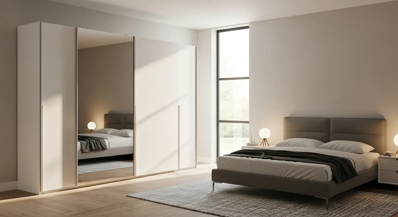 Placard coulissant blanc avec miroir dans une chambre moderne et lumineuse