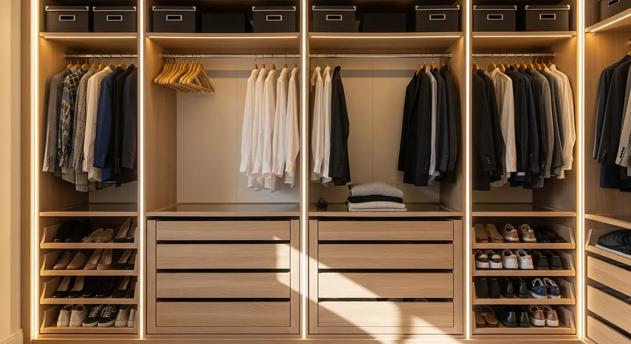Intérieur d'un placard coulissant sur mesure avec tiroirs, penderie double et éclairage LED