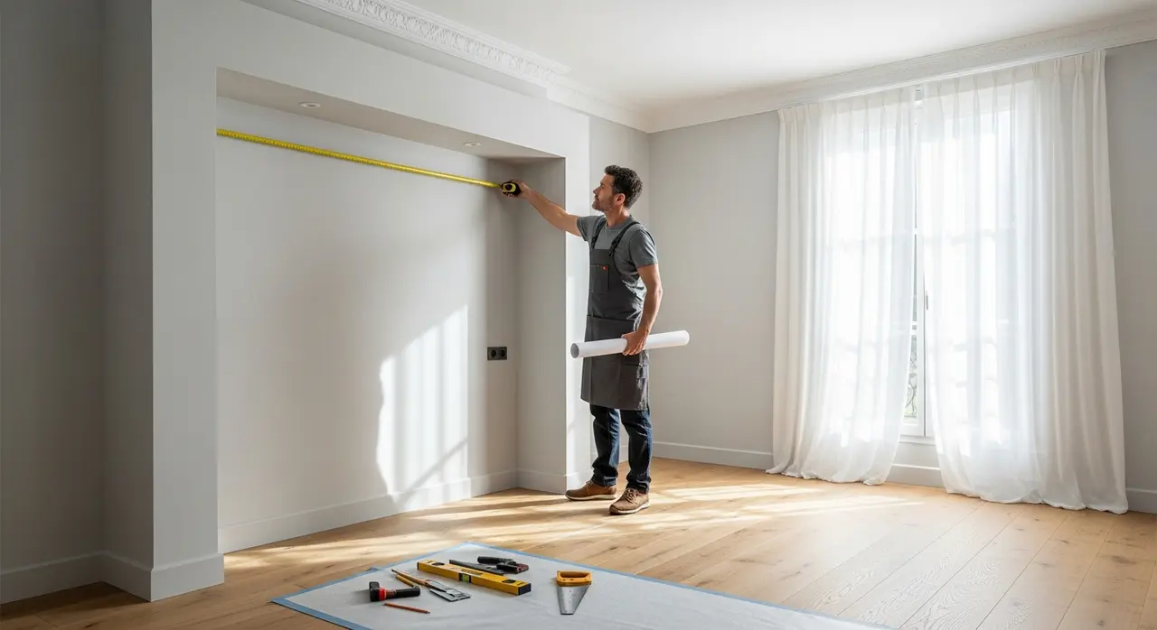 Menuisier mesurant une alcôve de chambre pour un placard coulissant sur mesure