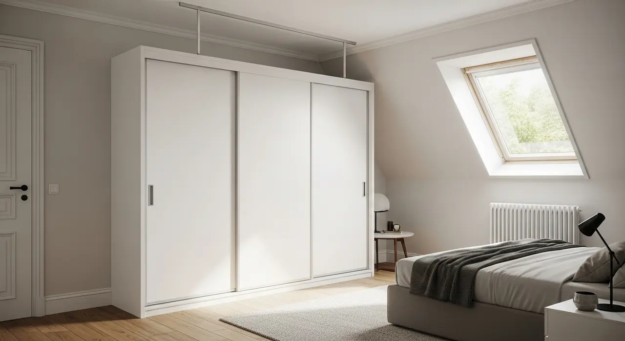Placard coulissant blanc sous pente dans une chambre mansardée avec rail plafond