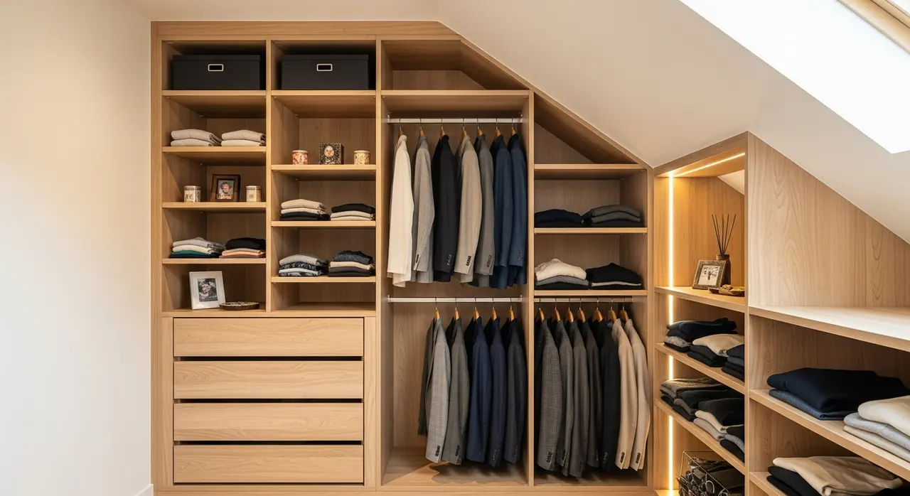 Aménagement intérieur d'un placard sous pente avec tiroirs, penderie et étagères sur mesure