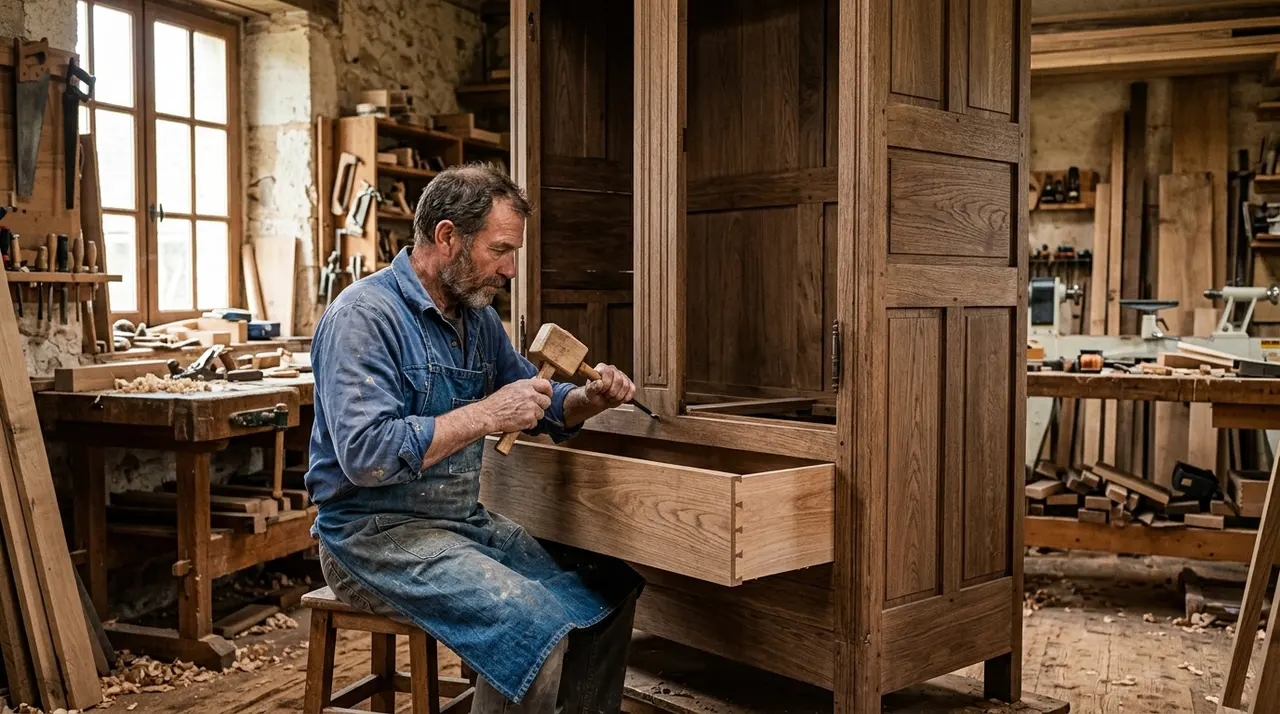Artisan menuisier assemblant un placard en bois massif dans un atelier en Essonne