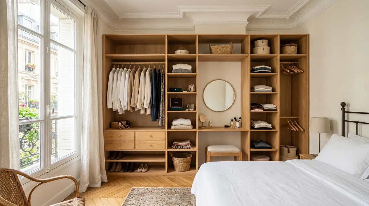Dressing en bois de chêne sur mesure dans une chambre lumineuse avec rangements intégrés