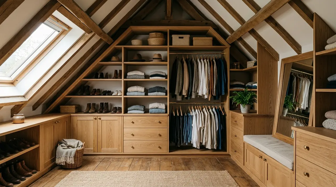 Dressing en bois intégré sous une pente de toit dans des combles aménagés