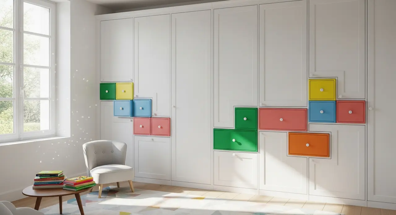 Placard sur mesure blanc avec tiroirs colorés dans une chambre d'enfant lumineuse