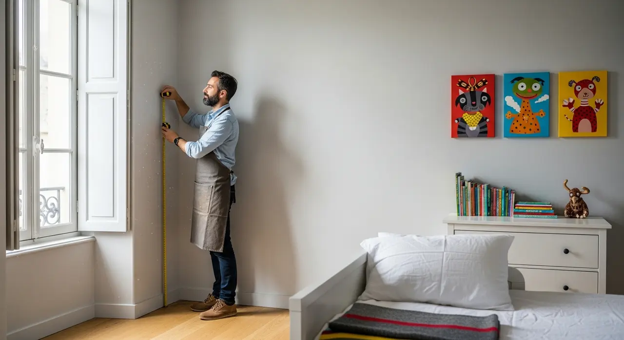 Artisan menuisier mesurant un mur dans une chambre d'enfant avant installation d'un placard sur mesure