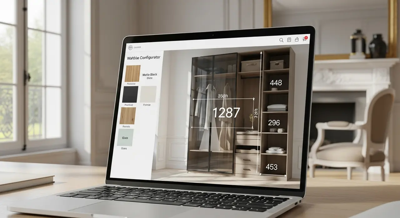 Configurateur de placard sur mesure affiché sur un écran d'ordinateur avec des options de dimensions et matériaux