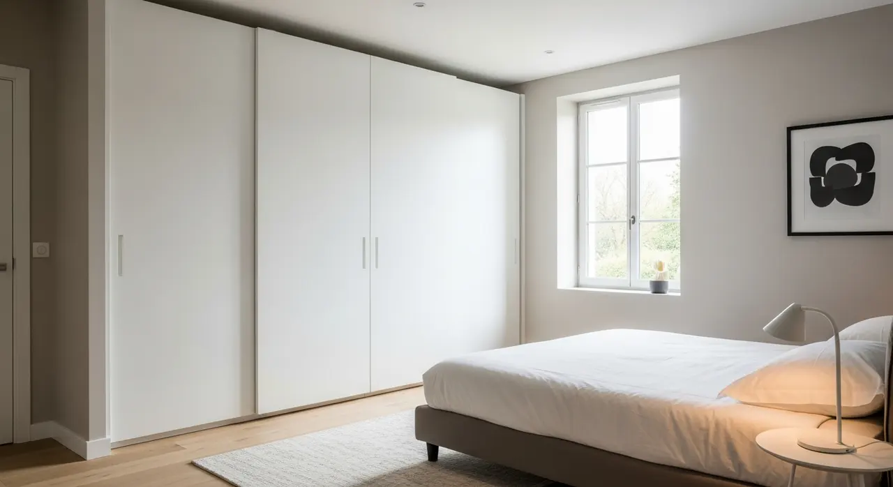 Placard sur mesure avec portes coulissantes blanches dans une chambre moderne et lumineuse