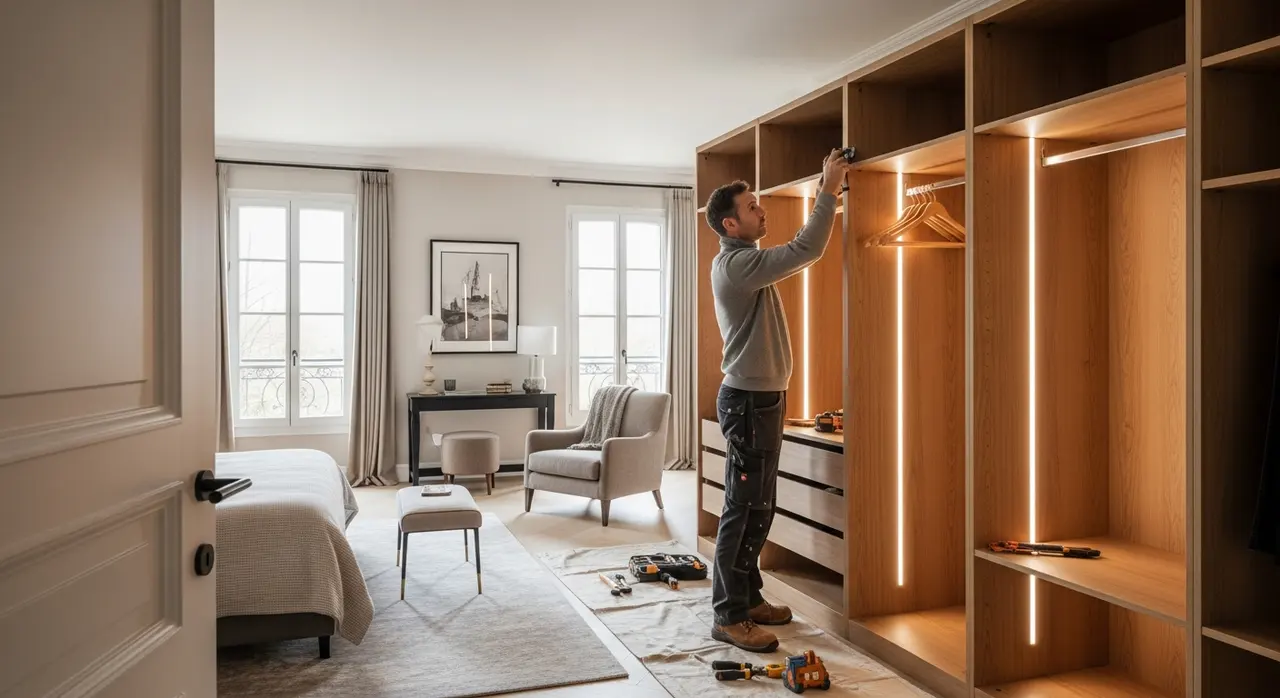 Artisan menuisier en train d'installer un dressing sur mesure en bois dans une chambre parentale