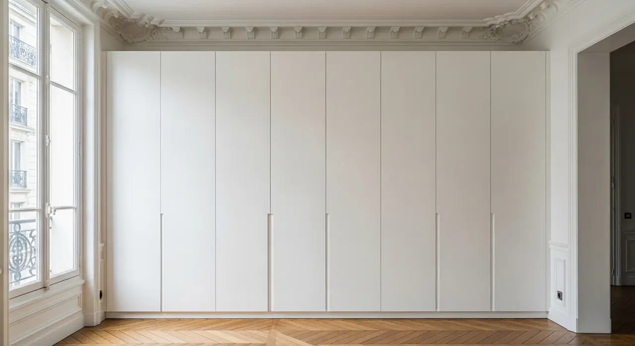 Placard sur mesure blanc laqué dans un appartement haussmannien parisien avec moulures