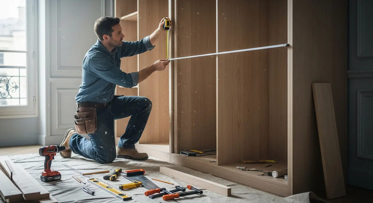Artisan menuisier mesurant un placard sur mesure dans un appartement parisien